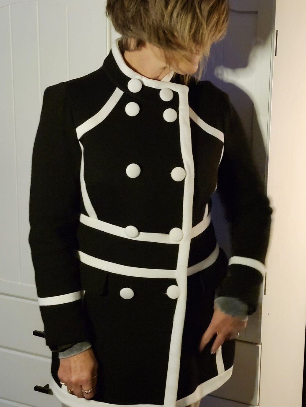 INC Black and White Double-Breasted Women's Coat Sz M With Buttons Done Up
